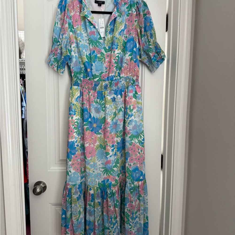 J. Crew Blue and Pink Tiered Puff Sleeve Floral Sundress
